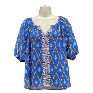 Hester & Orchard royal blue orange white ikat print Blouse linen blend size M